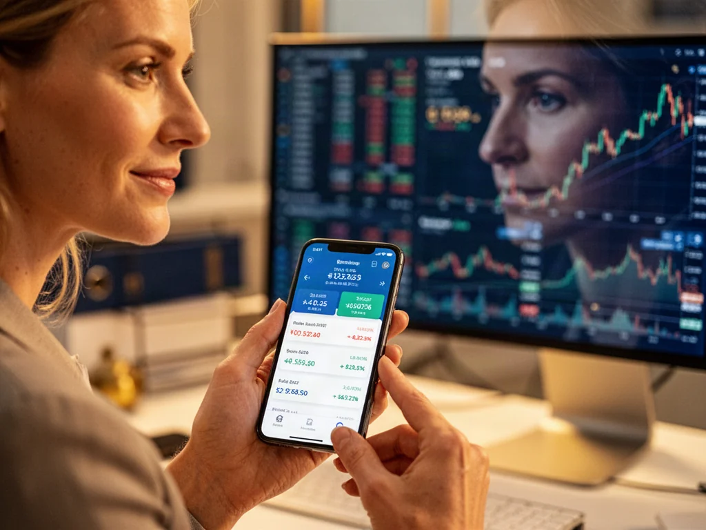 Kobieta trzyma smartfon z aplikacją do przeliczania walut na tle wykresów finansowych.