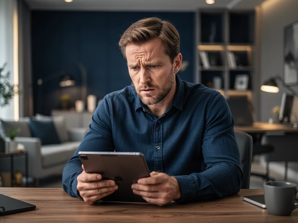 Zaniepokojony mężczyzna przeglądający tablet przy biurku, obrazujący stres związany z nagłym zajęciem komorniczym.