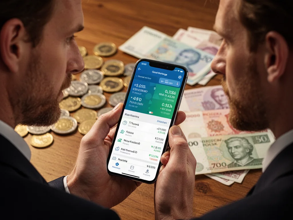 Mężczyzna trzyma smartfon z aplikacją do przeliczania walut, a w tle widać monety czeskie i polskie banknoty.