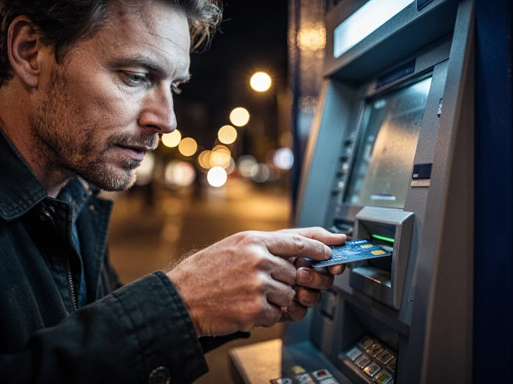 Mężczyzna wkłada kartę płatniczą do bankomatu Euronet w nocy. Widok z bliska na dłoń przy czytniku kart na tle miejskich świateł.