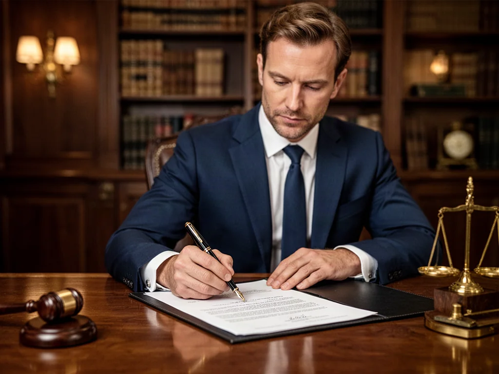 Mężczyzna podpisujący dokument notarialny przy eleganckim biurku w kancelarii.