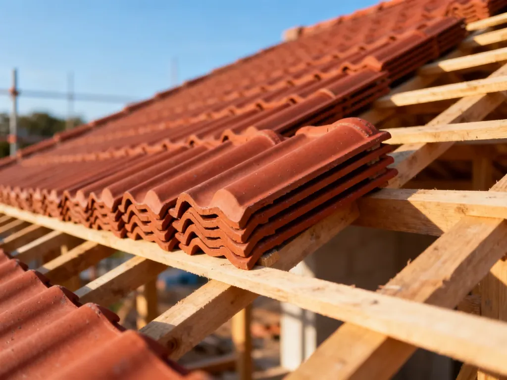 Ułożone na drewnianej konstrukcji dachówki ceramiczne Röben w kolorze naturalnej czerwieni w świetle poranka.