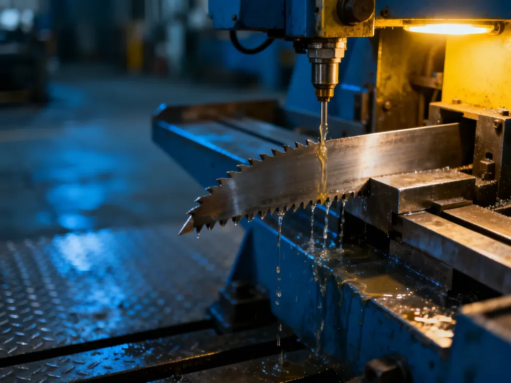 Przemysłowa piła taśmowa do metalu z widocznym systemem chłodzenia podczas precyzyjnego cięcia materiału.