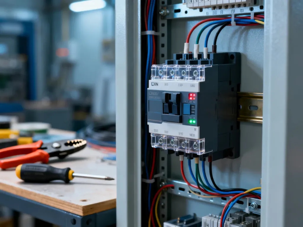 Sterownik CKF-316 zamontowany na szynie DIN w szafie sterowniczej z widocznymi zaciskami przewodów i diodami sygnalizacyjnymi.