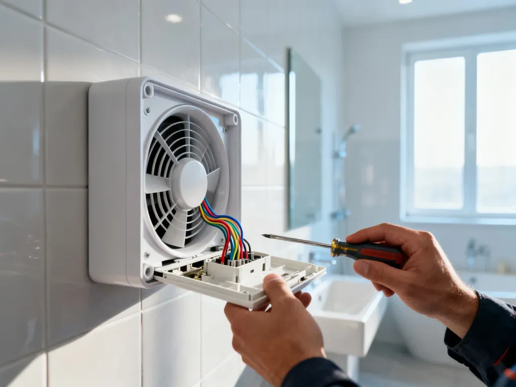 Elektryk podłącza nowoczesny wentylator łazienkowy z czujnikiem wilgoci, manipulując przewodami przy otwartej obudowie.