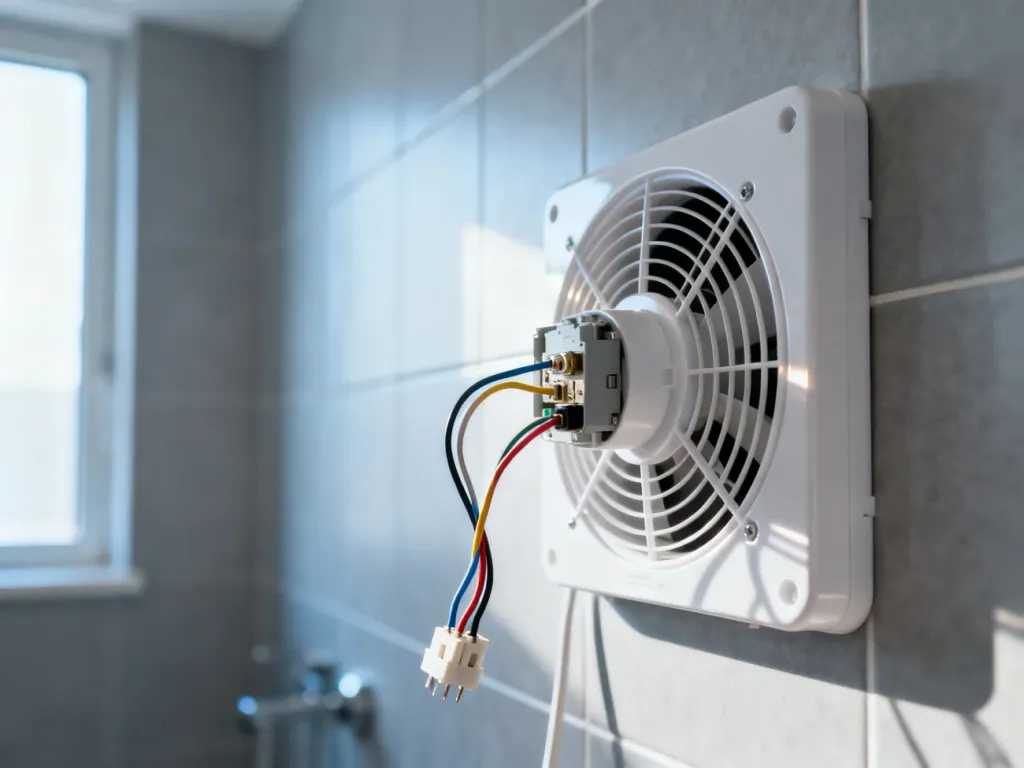 Zbliżenie na montaż przewodów elektrycznych w nowoczesnym wentylatorze łazienkowym zamontowanym na płytkach.