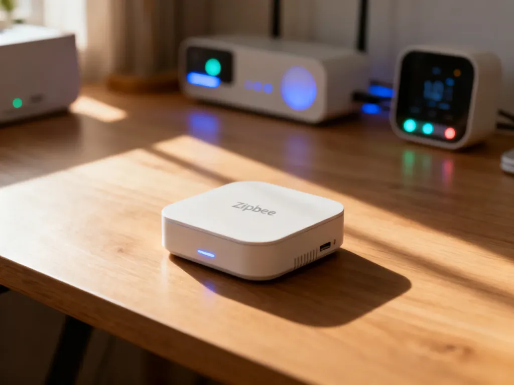 Minimalistyczna bramka Zigbee na drewnianym biurku w otoczeniu urządzeń smart home w ciepłym świetle poranka.
