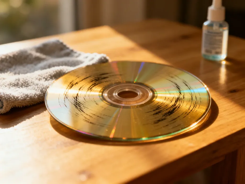 Porysowana płyta CD leżąca na drewnianym stole obok ściereczki z mikrofibry i płynu polerskiego.