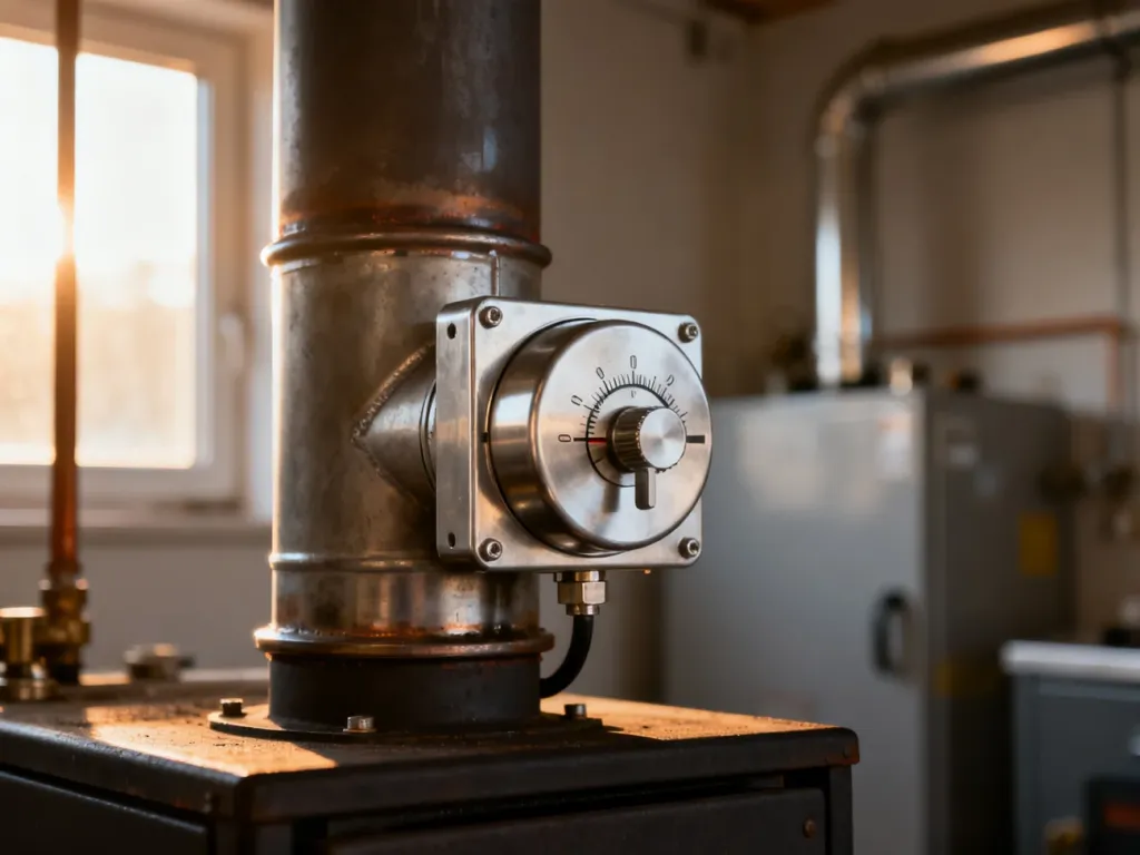 Stalowy regulator ciągu zamontowany na rurze spalinowej w kotłowni. Widoczne detale mechaniczne urządzenia.