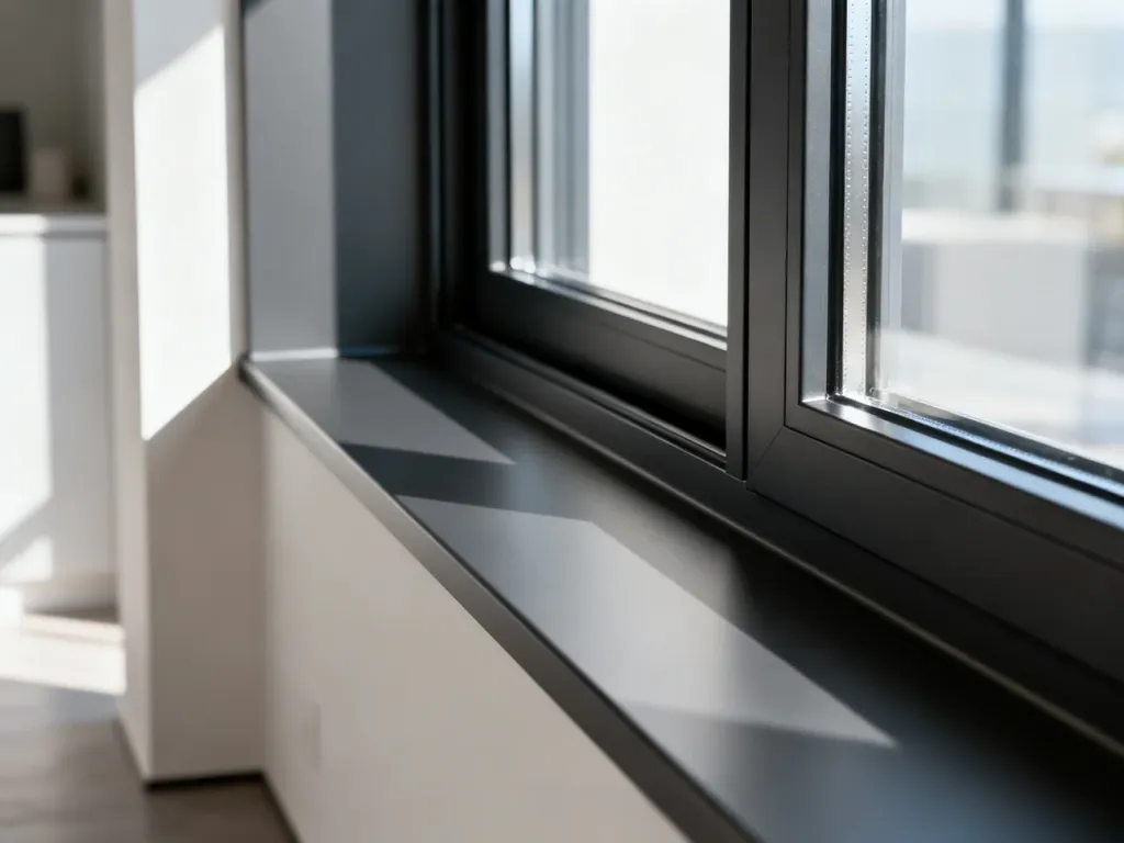Nowoczesny, ciemnoszary parapet aluminiowy idealnie dopasowany do okna w kolorze antracytowym w minimalistycznym wnętrzu.
