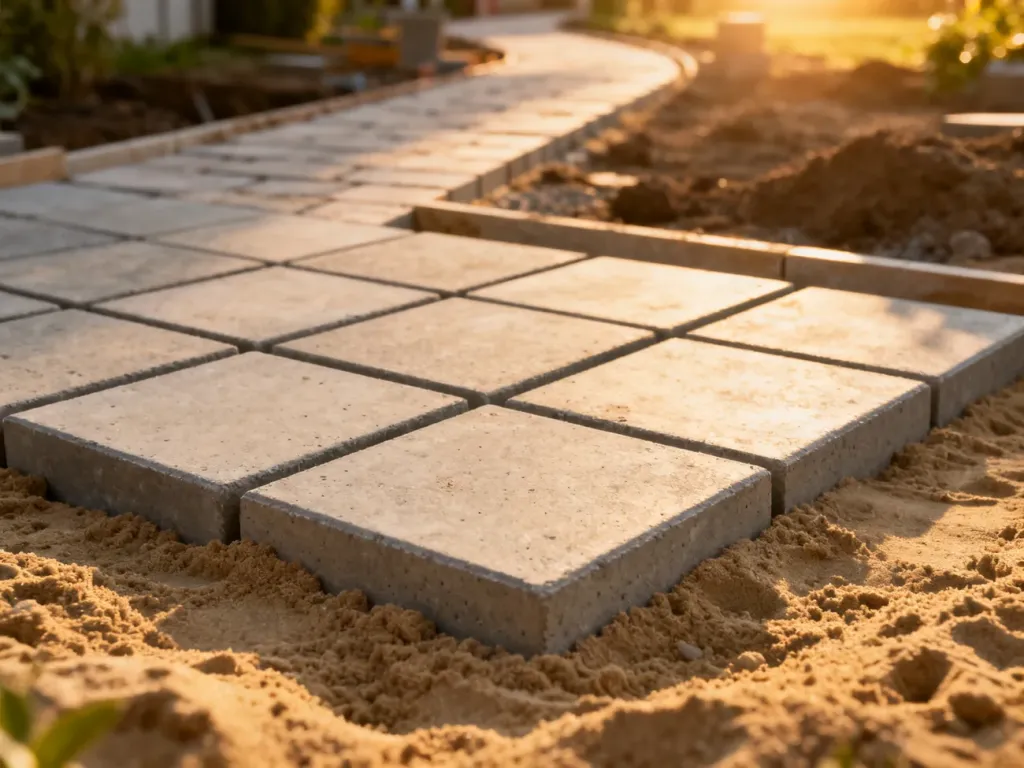 Równo ułożone betonowe płytki chodnikowe 35x35 cm na podłożu z piasku, przygotowane do wykończenia ścieżki ogrodowej.