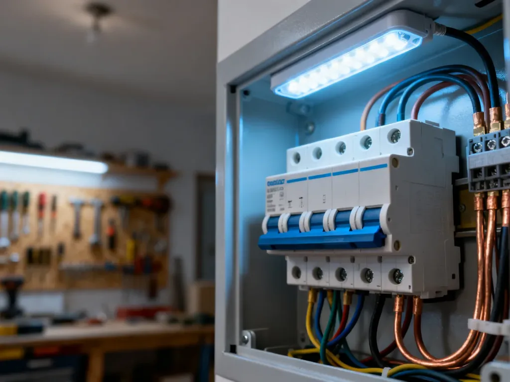Nowoczesna rozdzielnica elektryczna z wyłącznikiem różnicowoprądowym i starannie ułożonym okablowaniem.
