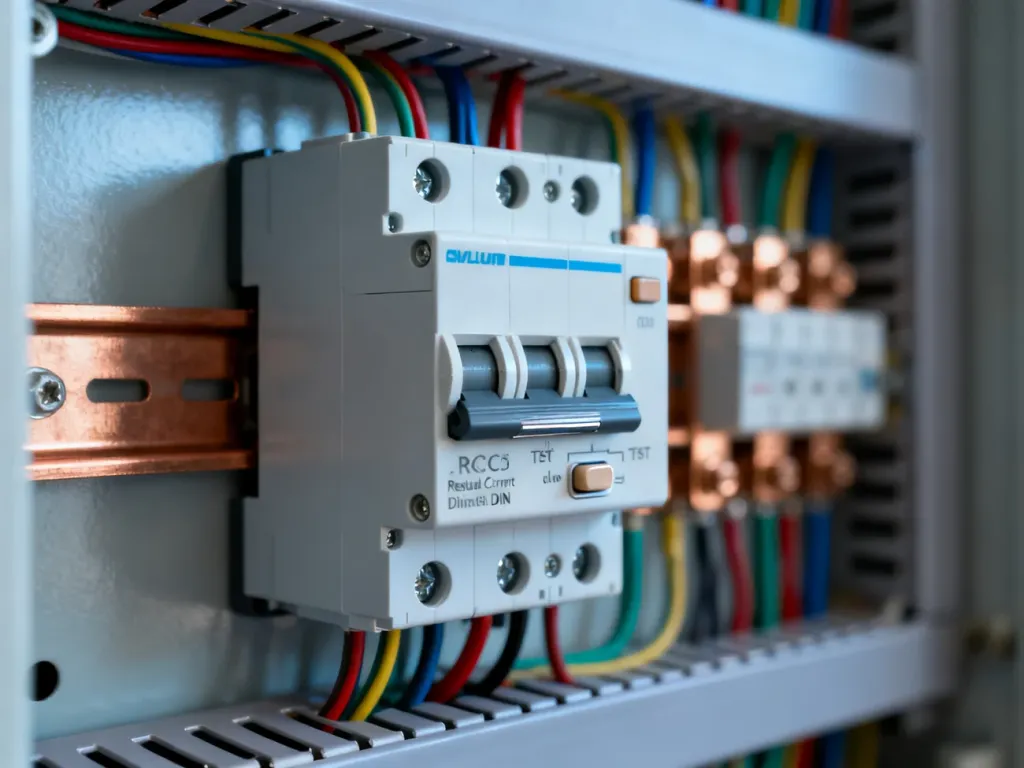 Nowoczesny wyłącznik różnicowoprądowy zamontowany na szynie DIN w domowej rozdzielnicy elektrycznej.