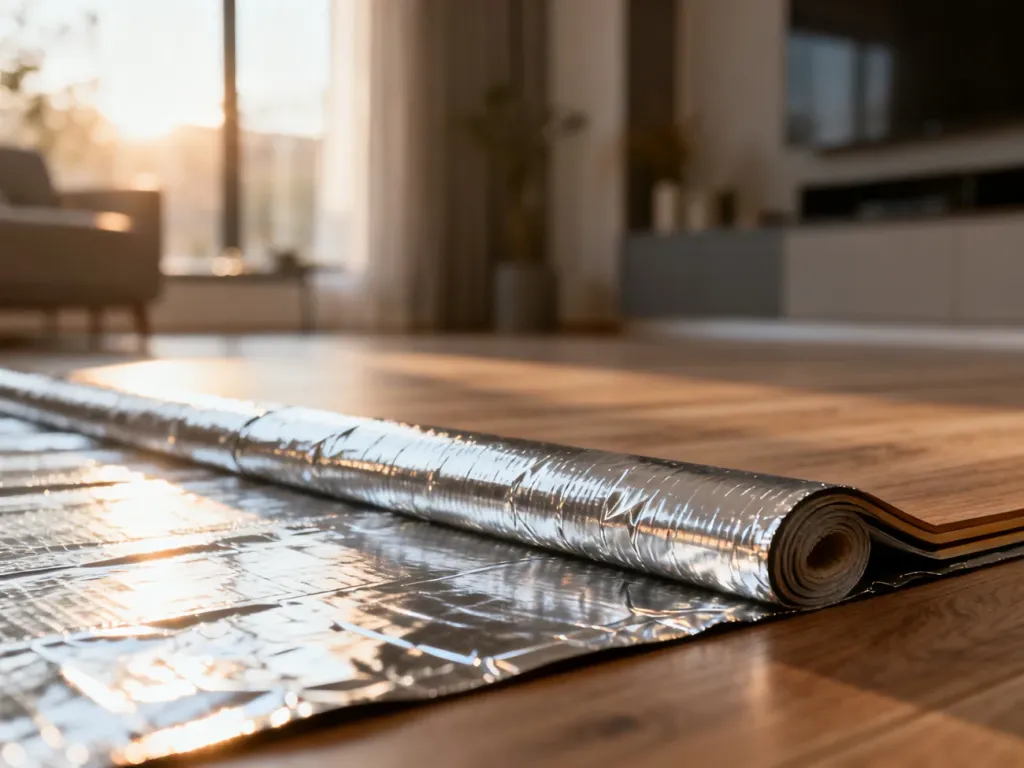 Srebrny podkład pod panele z folią aluminiową rozłożony na podłodze, gotowy do montażu laminatu.