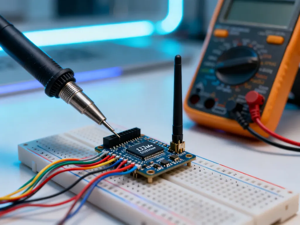 Moduł radiowy 433 MHz podłączony do płytki stykowej za pomocą kolorowych przewodów w profesjonalnym warsztacie elektronicznym.