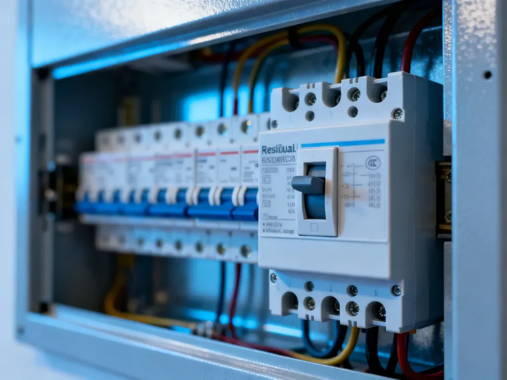 Nowoczesna rozdzielnica elektryczna z widocznym wyłącznikiem różnicowoprądowym w domowej instalacji.
