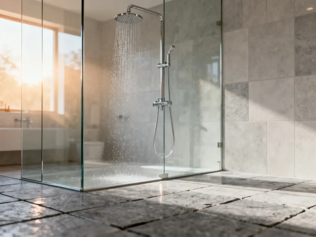 Nowoczesny prysznic typu walk-in z przeszkloną ścianką, deszczownicą i eleganckimi płytkami w jasnej, słonecznej łazience.