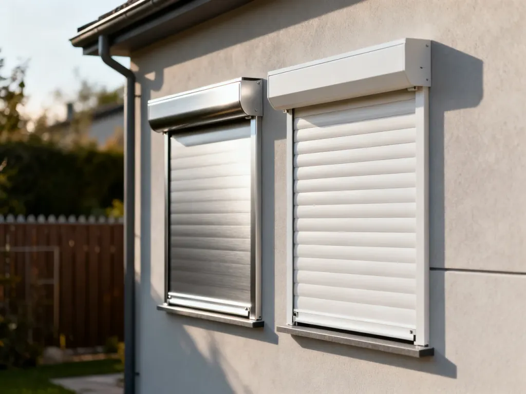 Porównanie próbek rolet zewnętrznych z aluminium i PVC zamontowanych na elewacji nowoczesnego domu.