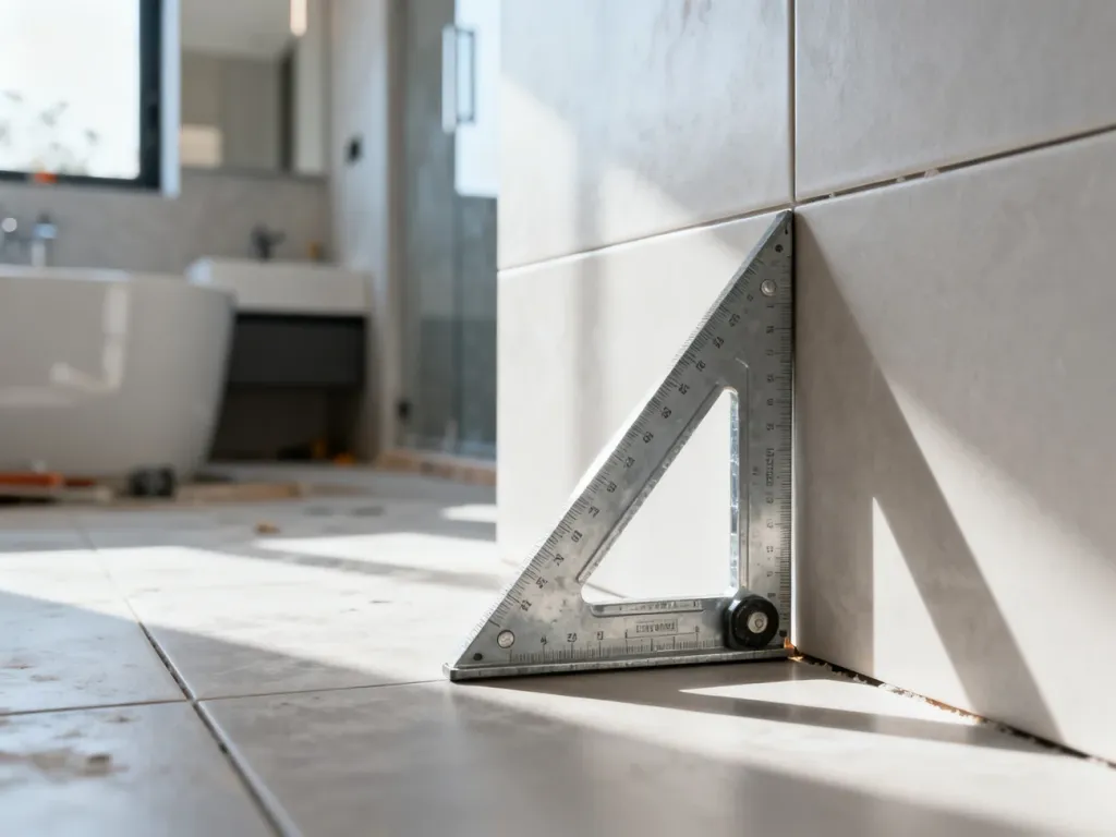 Metalowy kątownik budowlany przyłożony do narożnika płytek ceramicznych w remontowanej łazience.