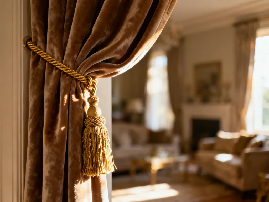 Ozdobny chwost przymocowany złotym sznurkiem do ciężkiej, welurowej zasłony w eleganckim salonie.