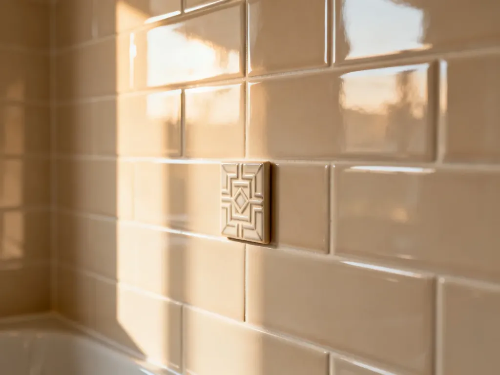 Nowoczesna łazienka z beżowymi płytkami ceramicznymi o błyszczącym wykończeniu i subtelnym geometrycznym wzorem.