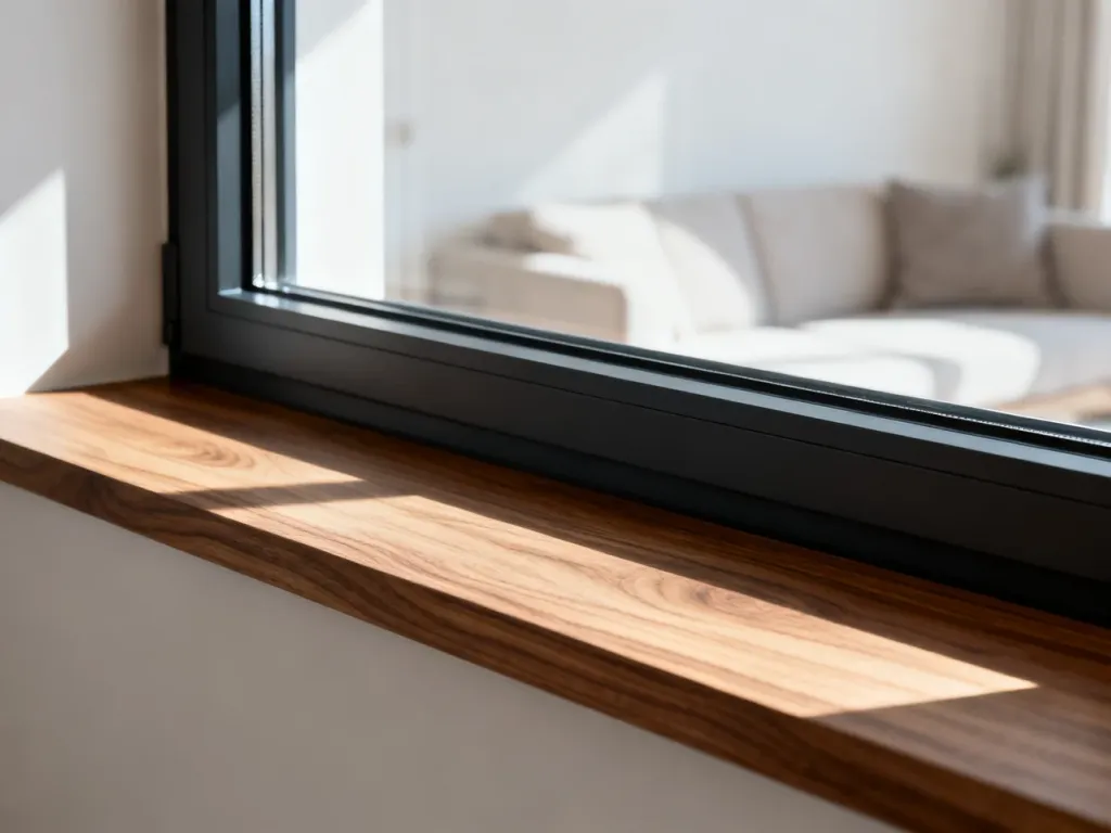 Nowoczesne ciemne okno z drewnianym parapetem w minimalistycznym, jasnym salonie oświetlonym porannym światłem.