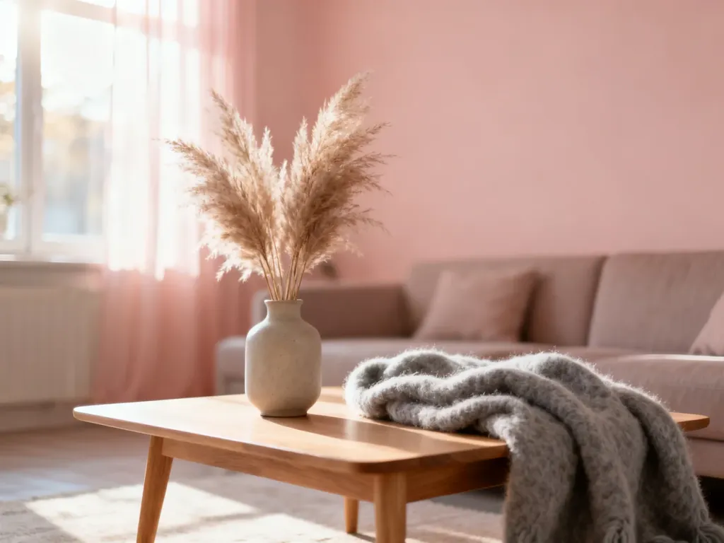 Przytulny salon z łososiowymi ścianami, minimalistycznym stolikiem kawowym, wazonem z trawą pampasową i szarym kocem.